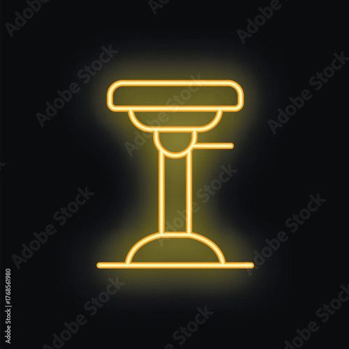 Yellow neon sign of an adjustable chair with round seat on black background