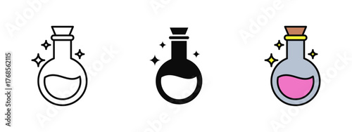 Magic potion bottle icon illustrated in stroke, fill, and color styles, isolated on a white background. Perfect for fantasy themes, Halloween designs, game interfaces, and mystical concept visuals.