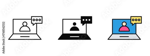 Online class icon illustrated in stroke, fill, and color variations, isolated on a white background. Ideal for education platforms, e-learning dashboards, virtual training, and remote study visuals.