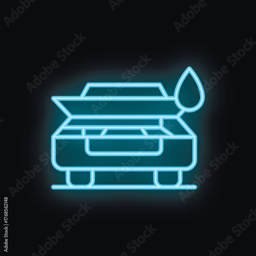 Blue glowing neon icon of a car with an open hood getting an oil change service