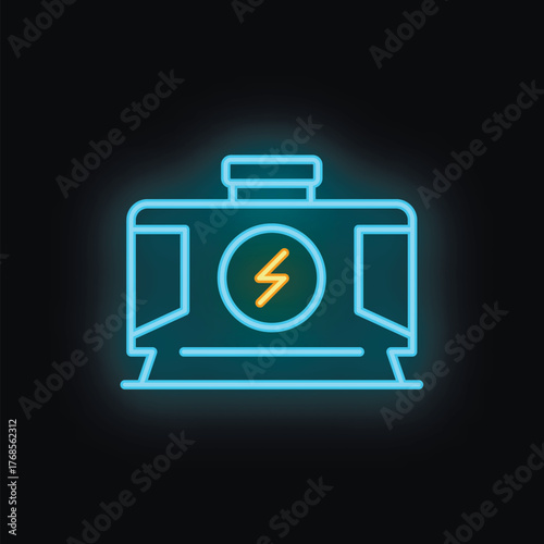 Blue neon icon of an electric train engine glowing on a black brick wall representing sustainable transportation