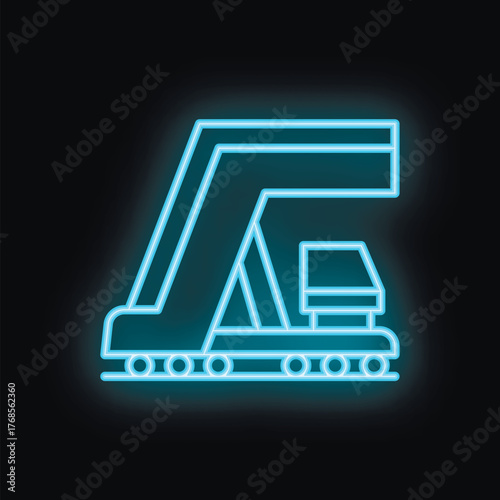 Blue neon sign of a conveyor belt transporting a box on black background