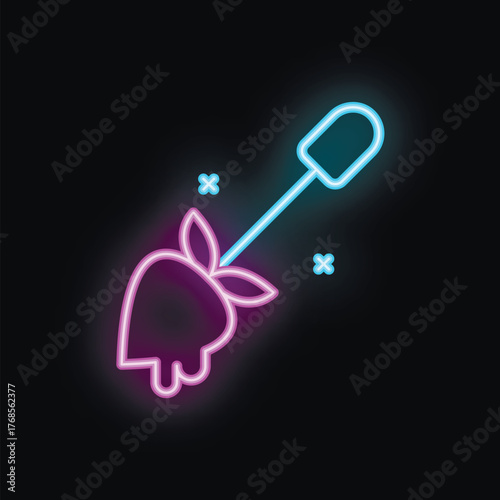 Neon sign of a chocolate covered strawberry on a stick, glowing on a black background