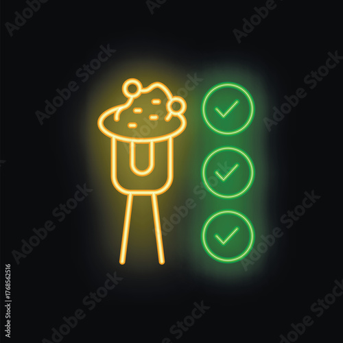 Neon style icon of smart farm sensor analyzing soil with checkmarks showing the completion of analysis