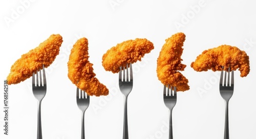 Five crispy golden fried chicken tenders impaled on silver forks against a white background