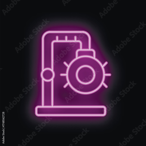 Purple neon icon of a cable machine for gym workout isolated on black background