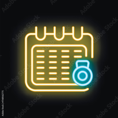 Neon icon of calendar showing fitness schedule with kettlebell symbol