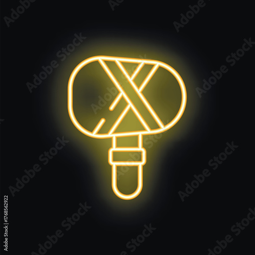 Yellow neon microphone icon glowing on dark purple background, concept for podcast, karaoke, radio station or music