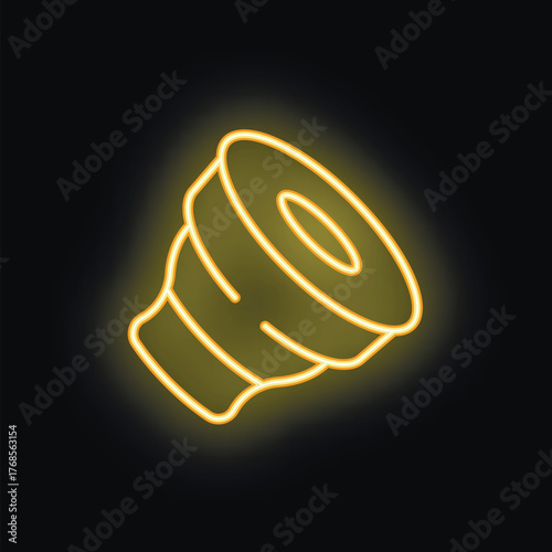 Yellow neon sign of a camera lens glowing on a black background