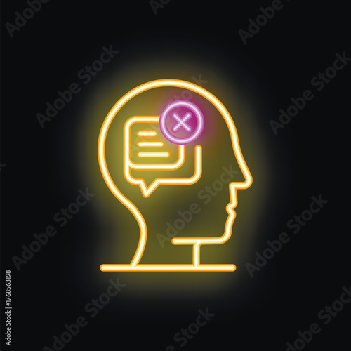 Neon sign representing a human head with a thought bubble containing a message being deleted with a cross sign