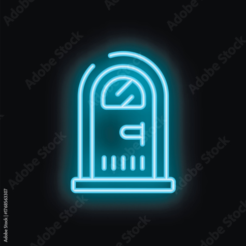Blue neon sign of a doorway glowing on a black background