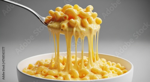 Close up of a fork lifting creamy macaroni and cheese with melted cheese strings dripping into a bowl