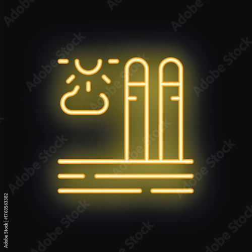 Neon yellow icon of cricket wickets with bails on top and cloudy sky, at night