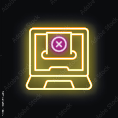 Vibrant neon illustration showing a voting ballot being rejected on a laptop screen, symbolizing online voting security concerns