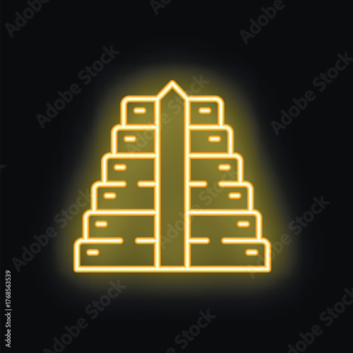 Neon sign representing chichen itza mayan pyramid shining against a black background