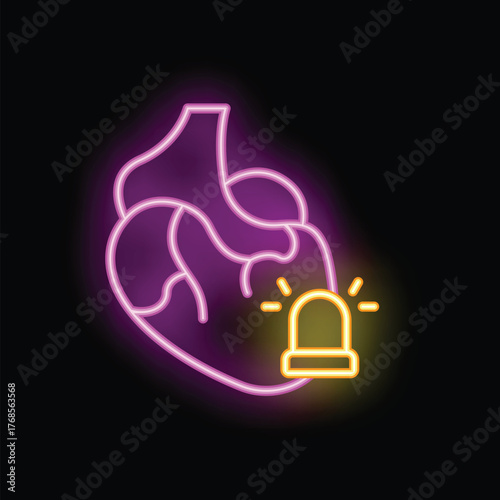 Neon heart with glowing siren representing the importance of seeking immediate medical attention during cardiac emergencies
