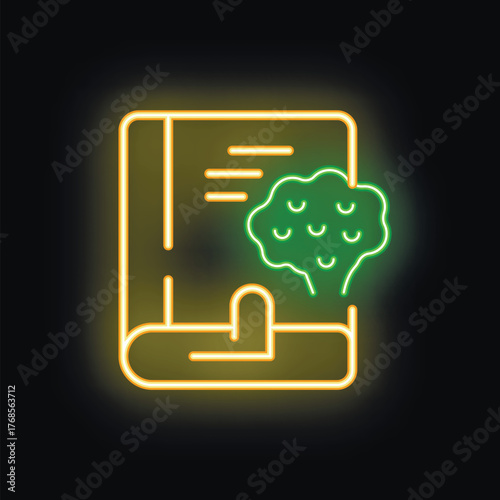 Neon glowing green brain training icon with notebook on black background representing online education