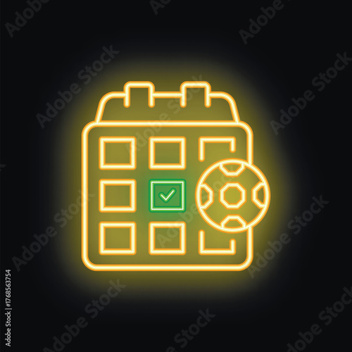 Neon glowing icon of a calendar showing the date of a football match with a check mark