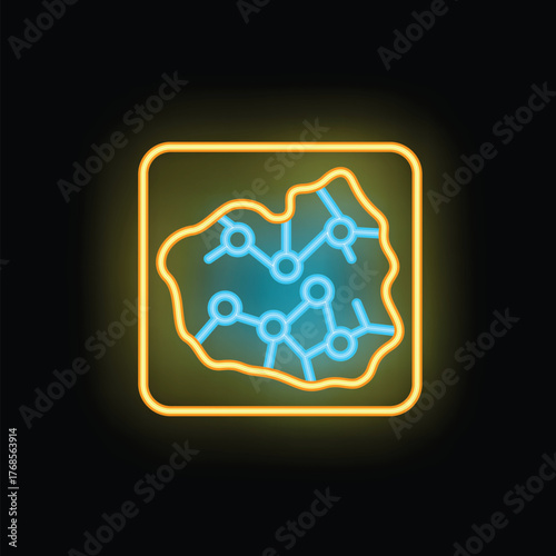 Neon icon of chemical bonds, glowing blue and yellow, set against a black background