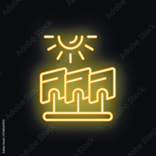 Neon sign illustrating solar panels converting sunlight into energy, symbolizing renewable energy and sustainability