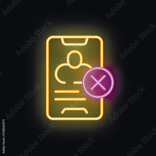 Neon sign showing a smartphone with a profile and a cross mark icon, representing the concept of deleting a profile