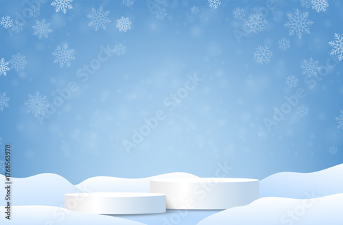 Winter Landscape With White Snow And Podium