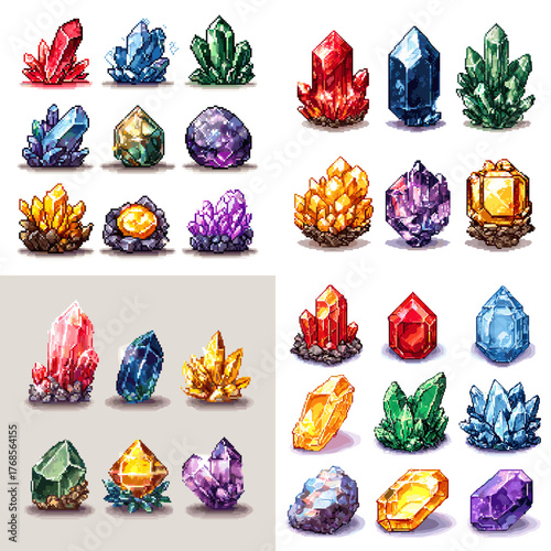 Stunning illustration of colorful gemstones and crystals in various shapes and colors. Ideal for fantasy art, jewelry design, or mineral and geology projects.