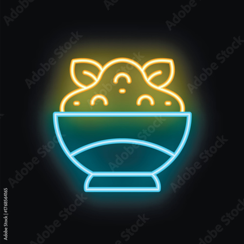 Neon sign illustrating bowl overfilled with delicious food garnished with herbs