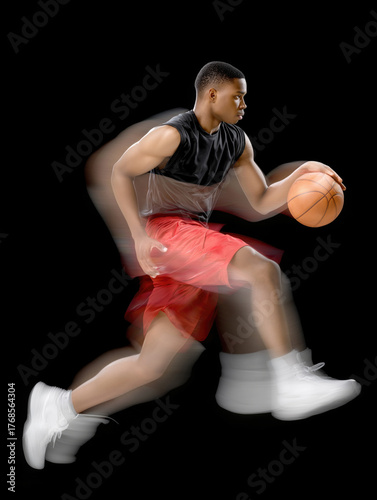 Basketball player dribbling aggressively on a court