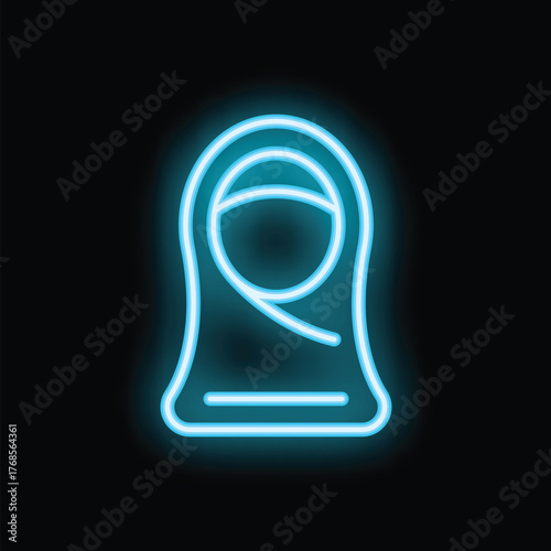 Blue neon light icon representing the face of a woman wearing hijab, a symbol of modesty and faith