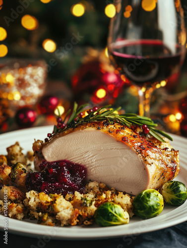 Delicious holiday dinner with roast turkey, stuffing, Brussels sprouts, and wine