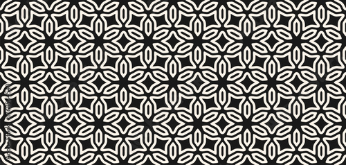 Abstract floral geometric ornament in oriental style. Elegant vector seamless pattern. Black and white background texture with flower silhouettes, grid, lattice. Simple luxury repeat oriental design