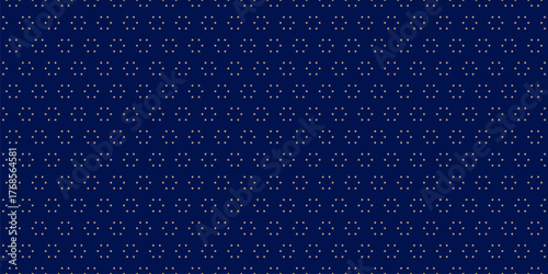 Minimalist vector seamless pattern with small golden dots, tiny hexagonal shapes. Subtle dark blue and gold background. Simple abstract geometric floral texture. Luxury minimal repeated geo design