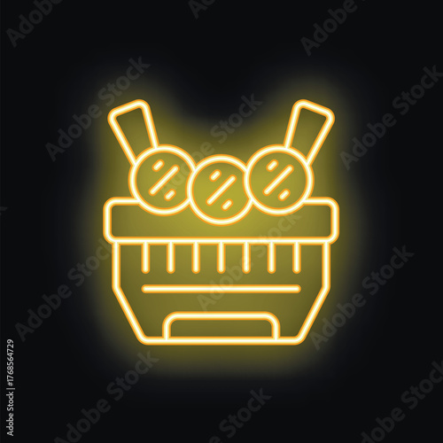 Glowing yellow neon icon of falafel pita bread in basket on black background