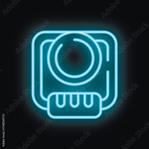 Blue neon sign showing a simple action camera icon, glowing on a black background
