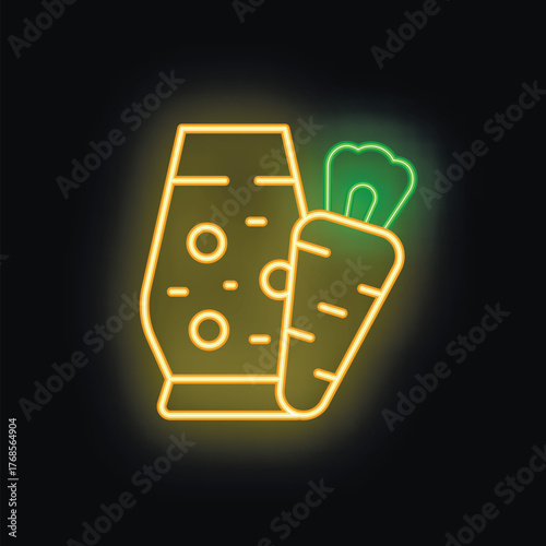 Glowing neon line glass with carrot icon isolated on black background. Vector illustration