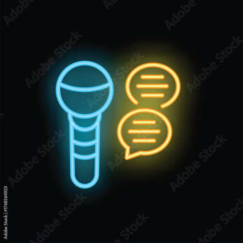 Blue neon microphone broadcasting two yellow speech bubbles on air concept