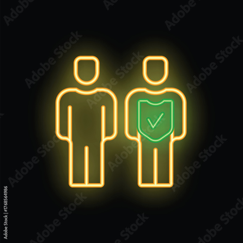 Neon glowing icons of two people with one having a security shield with a check mark representing protection