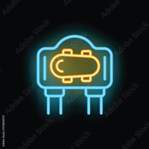 Neon transistor semiconductor component icon glowing on black background