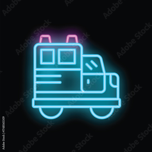 Glowing neon icon of an armored bank truck transporting money