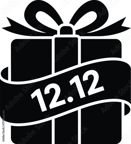 Vector Silhouette Icon of Wrapped Gift Box with 12.12 Ribbon