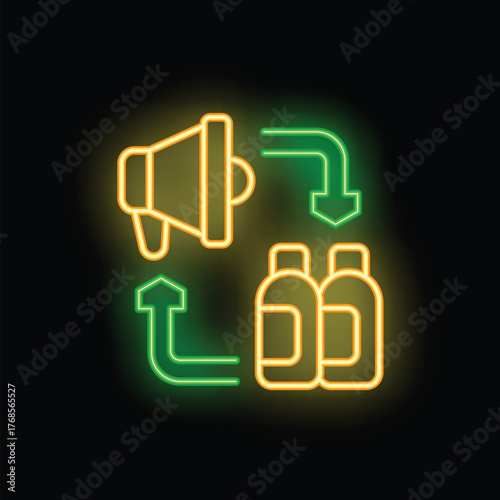 Neon glowing icon of a marketing funnel converting advertisement into sales with a megaphone and bottles