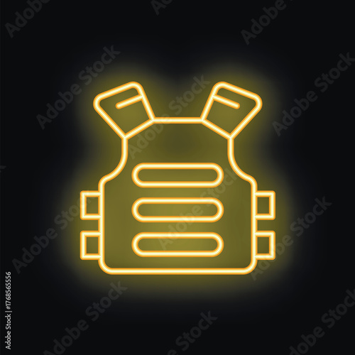 Yellow neon sign showing a bulletproof vest icon on a black background