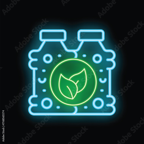 Glowing neon line eco friendly cleaning house bottle icon isolated on black background. Vector