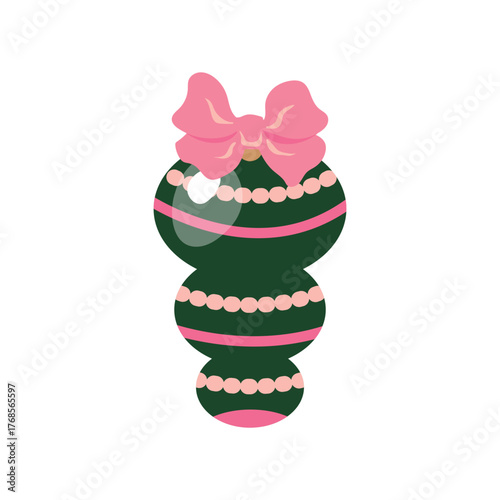 Illustration of Green Christmas Ornament with Pink Bow. White background, isolate