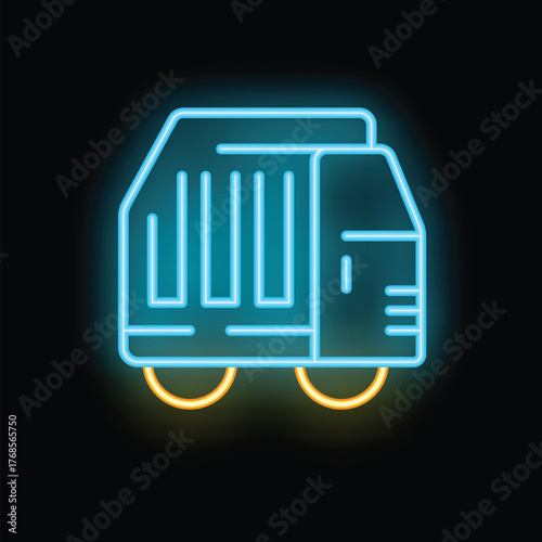 Glowing neon icon of a garbage truck removing waste on a black background
