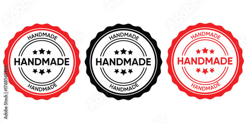 Handmade Product Badge or Sticker Set, Crafted with Love Label, Vector Stamp in Red and Black Circle Design, Original Quality Artisan Emblem