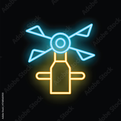 Neon icon of wind turbine generating clean energy isolated on black background