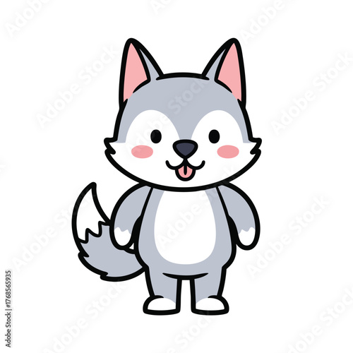 A cute gray cartoon wolf character standing with a happy expression blushing cheeks and its tongue sticking out.