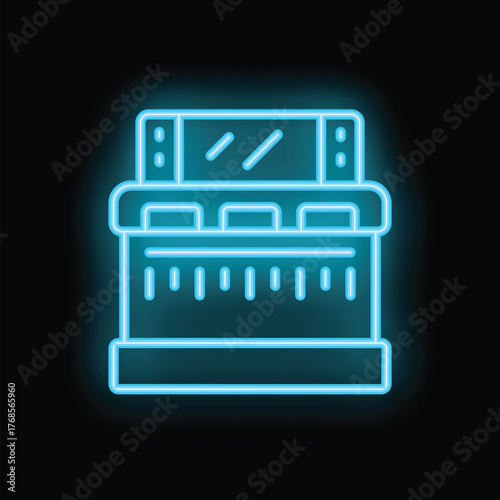 Blue neon icon of a coffee machine glowing on a black background